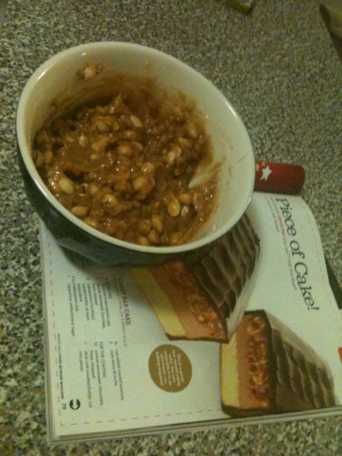 Caramel dip mixed with peanuts (and I also threw in some Heath bar crunch!)